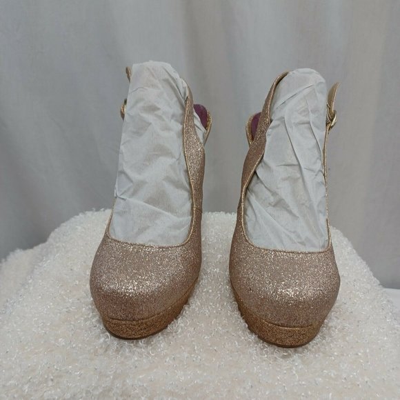 Madden Girl Sookiee Shoes Size 8.5 Gold Glitter Sling Back Platform Heels Pumps - Picture 4 of 10